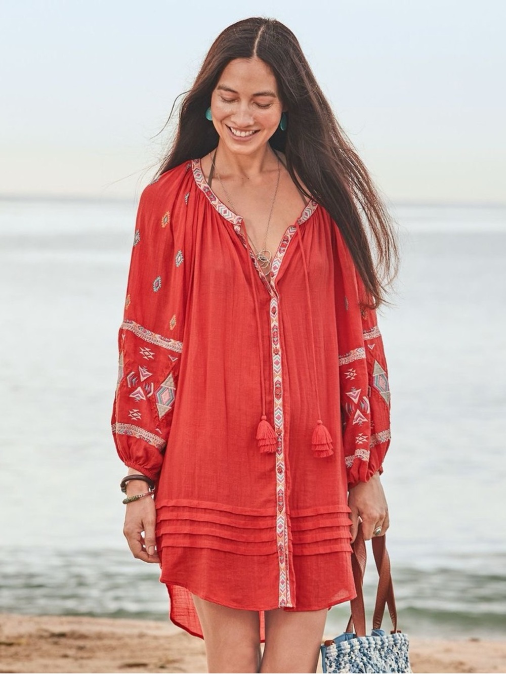 SUNDANCE EMBROIDERED TASSEL TUNIC BOHO COASTAL PEASANT DRESS SZ M PM PETITE M